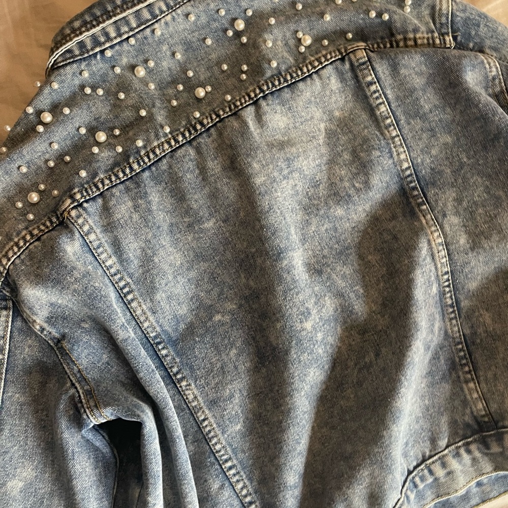Pearl Embellished Denim Crop Jacket